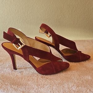 Michael Kors Burgundy Suede Slingback Heels with Gold Accent